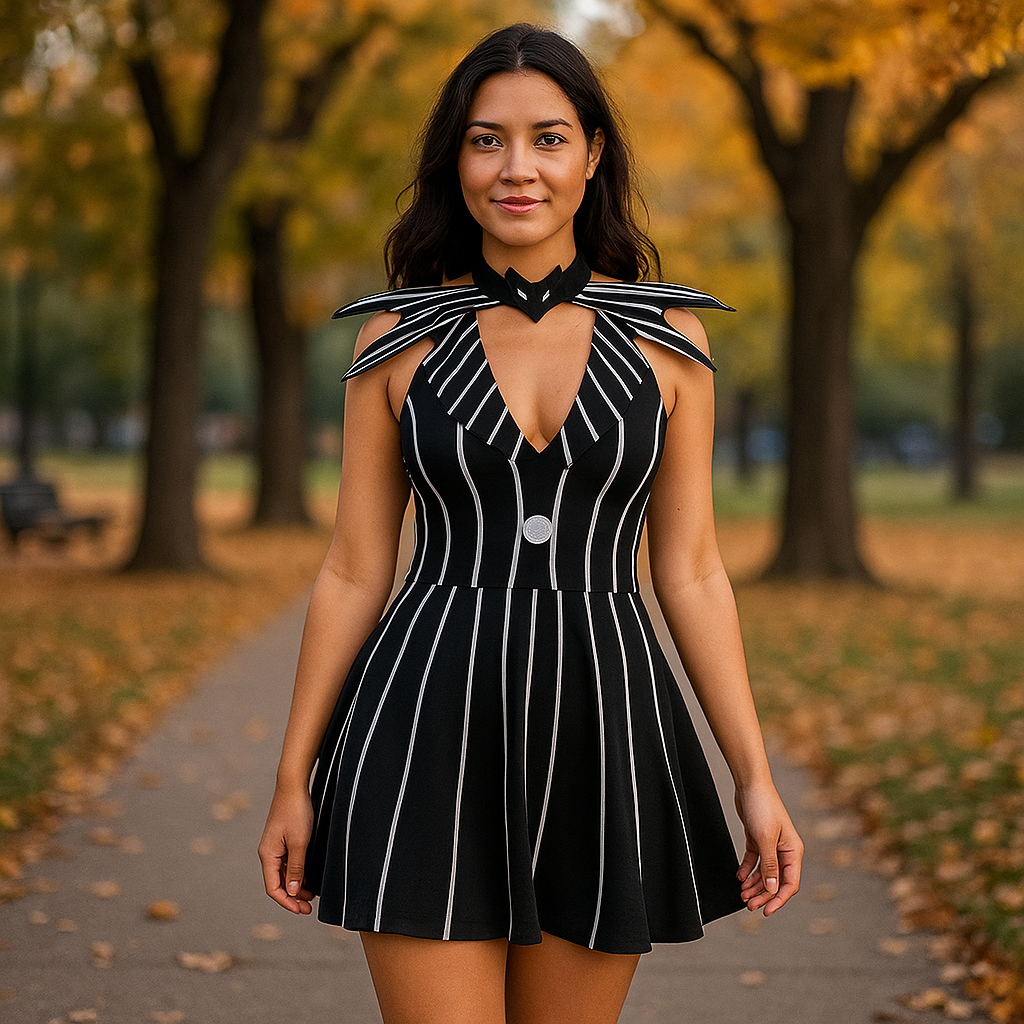 Robe Mini Gothique Gestreift - Halloween Kostüm Damen - Einzigartiger Stil
