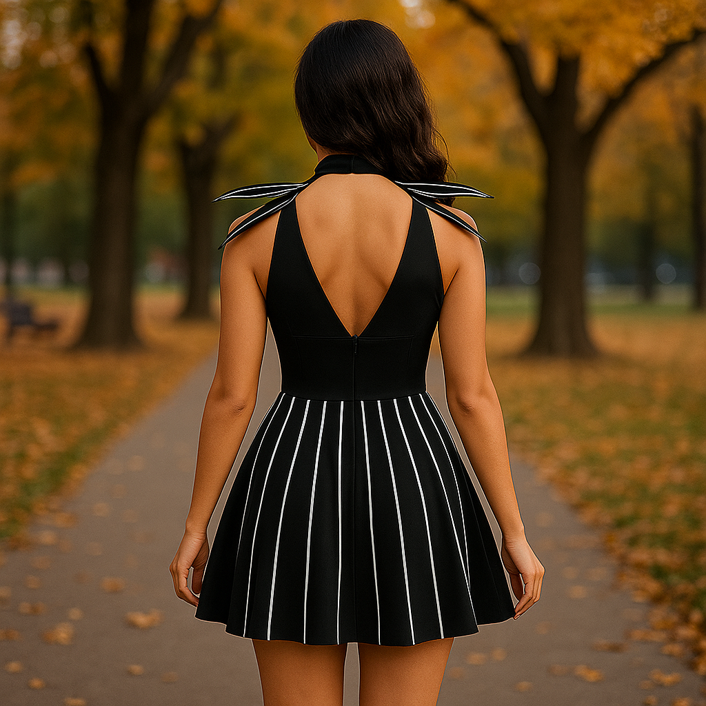 Robe Mini Gothique Gestreift - Halloween Kostüm Damen - Einzigartiger Stil