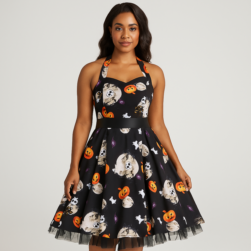 Midi-Kleid Halloween - Cartoon-Print - Einzigartiger Stil