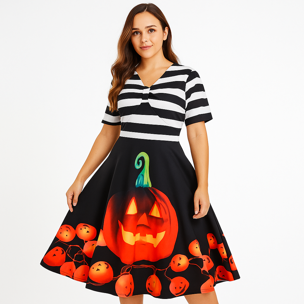 Halloween Vintage Kleid - Kürbisdruck - Midi Länge