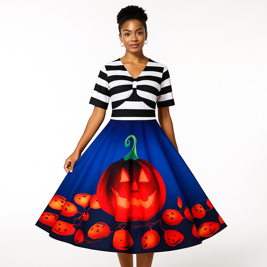 Halloween Vintage Kleid - Kürbisdruck - Midi Länge