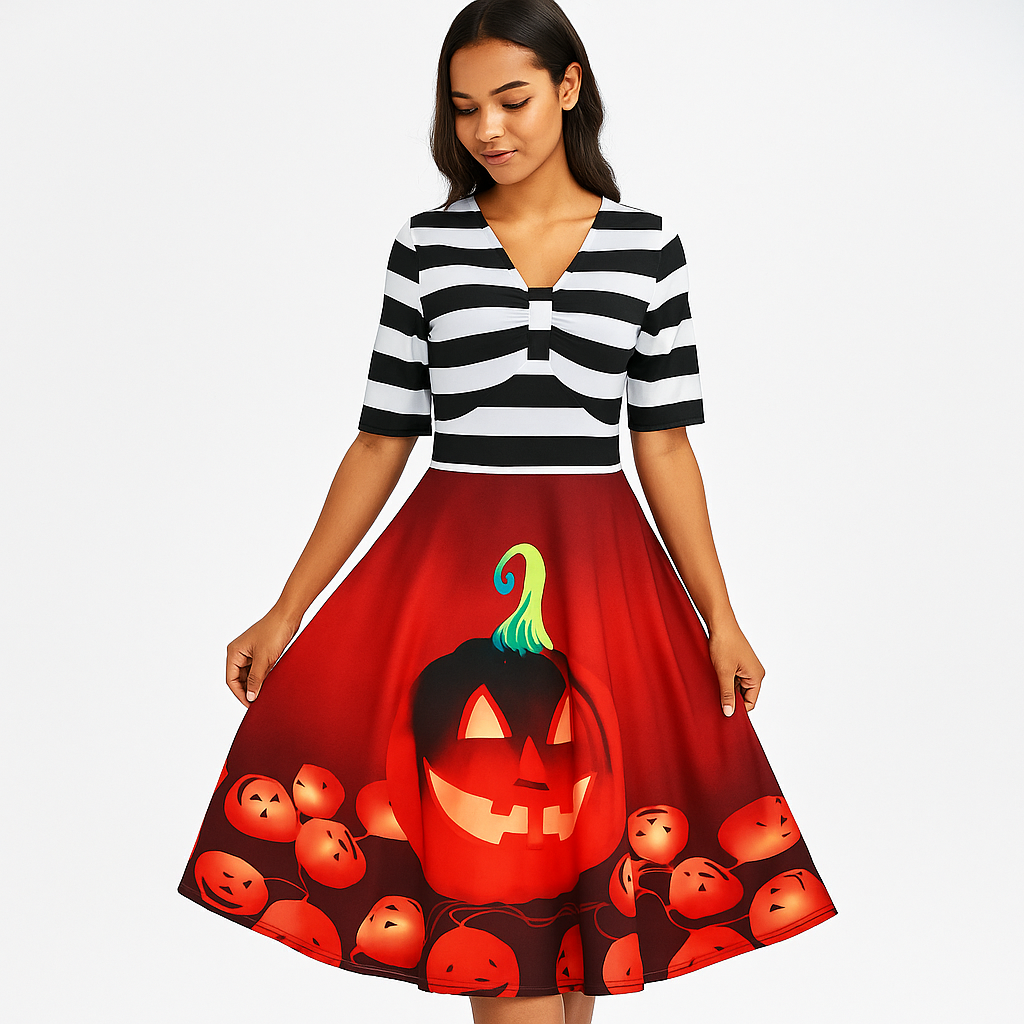 Halloween Vintage Kleid - Kürbisdruck - Midi Länge