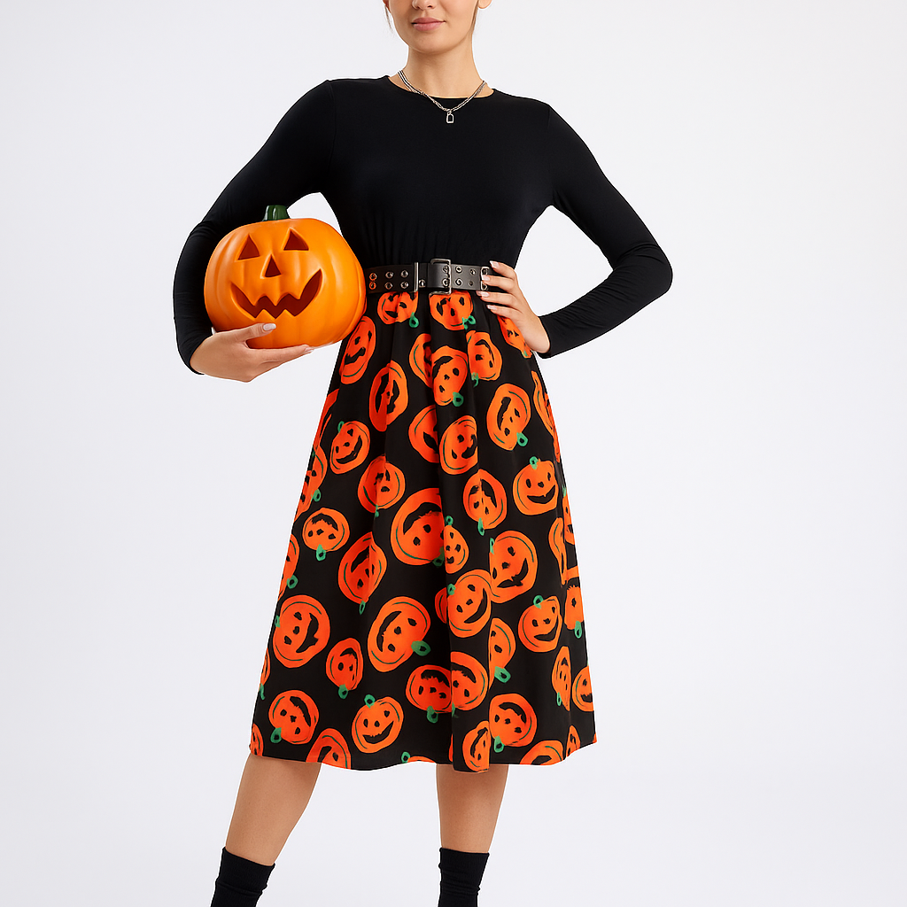 Midi-Kleid Halloween - Gruseliges Kürbismuster - Einzigartiger Stil
