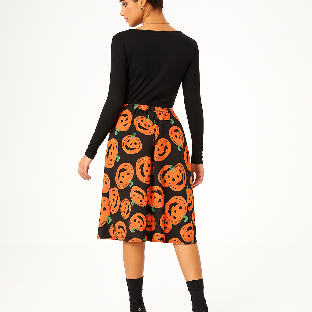 Midi-Kleid Halloween - Gruseliges Kürbismuster - Einzigartiger Stil