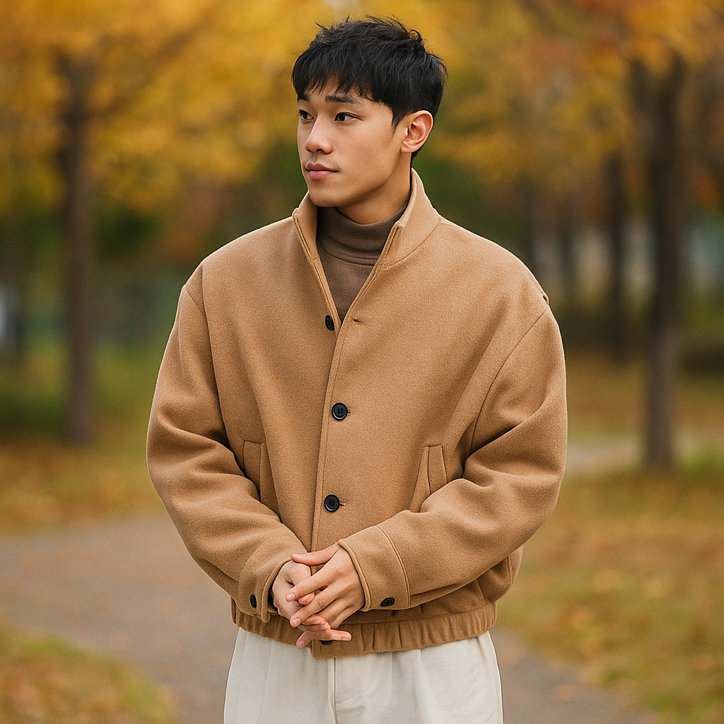 Veste homme ample - Tissu doux structuré - Col haut - Boutons