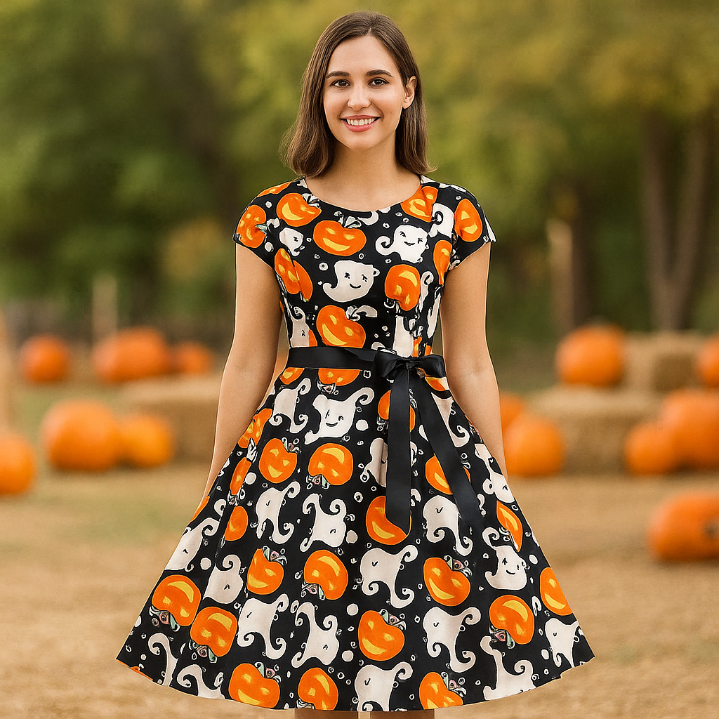 Midikleid Anita - Geister & Kürbisse Halloween - Einzigartige Eleganz