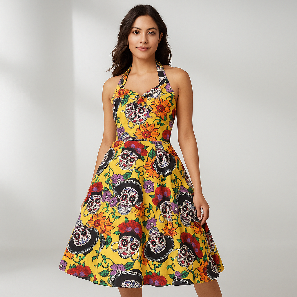 Robe Midi Bettina - Totenkopf-Muster - Rebellische Eleganz
