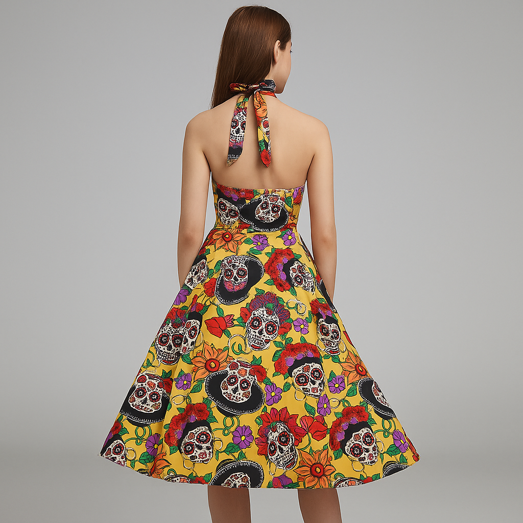 Robe Midi Bettina - Totenkopf-Muster - Rebellische Eleganz