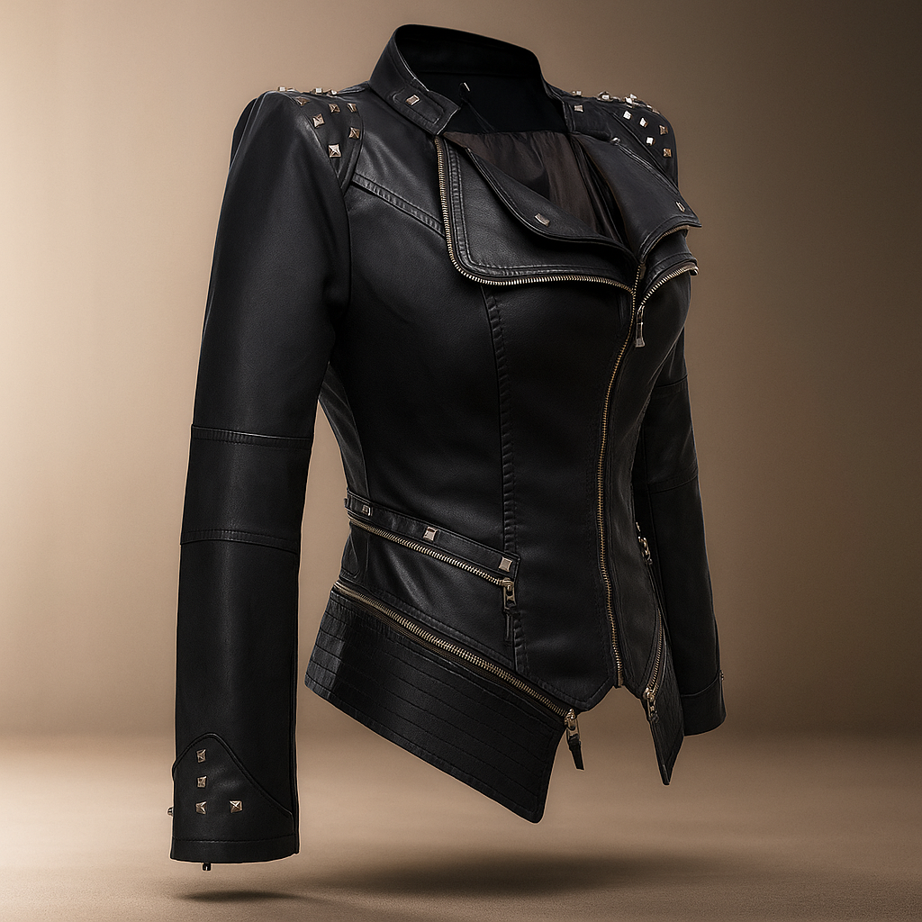 Veste en Cuir Femme - Style Biker Ajusté - Col & Manches Cloutés - Détails en Fermeture Éclair