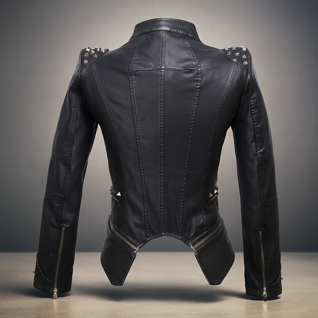 Veste en Cuir Femme - Style Biker Ajusté - Col & Manches Cloutés - Détails en Fermeture Éclair