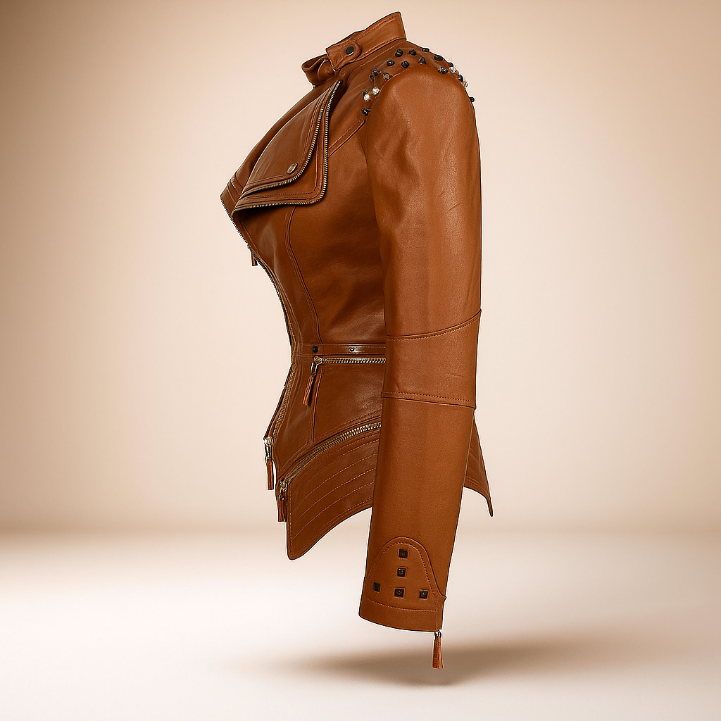 Veste en Cuir Femme - Style Biker Ajusté - Col & Manches Cloutés - Détails en Fermeture Éclair
