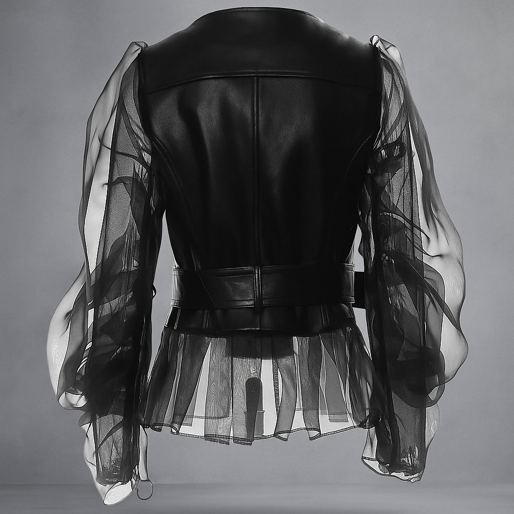 Veste en Similicuir pour Femmes - Manches Transparentes Froncées - Ceinture - Fermeture Éclair Frontale