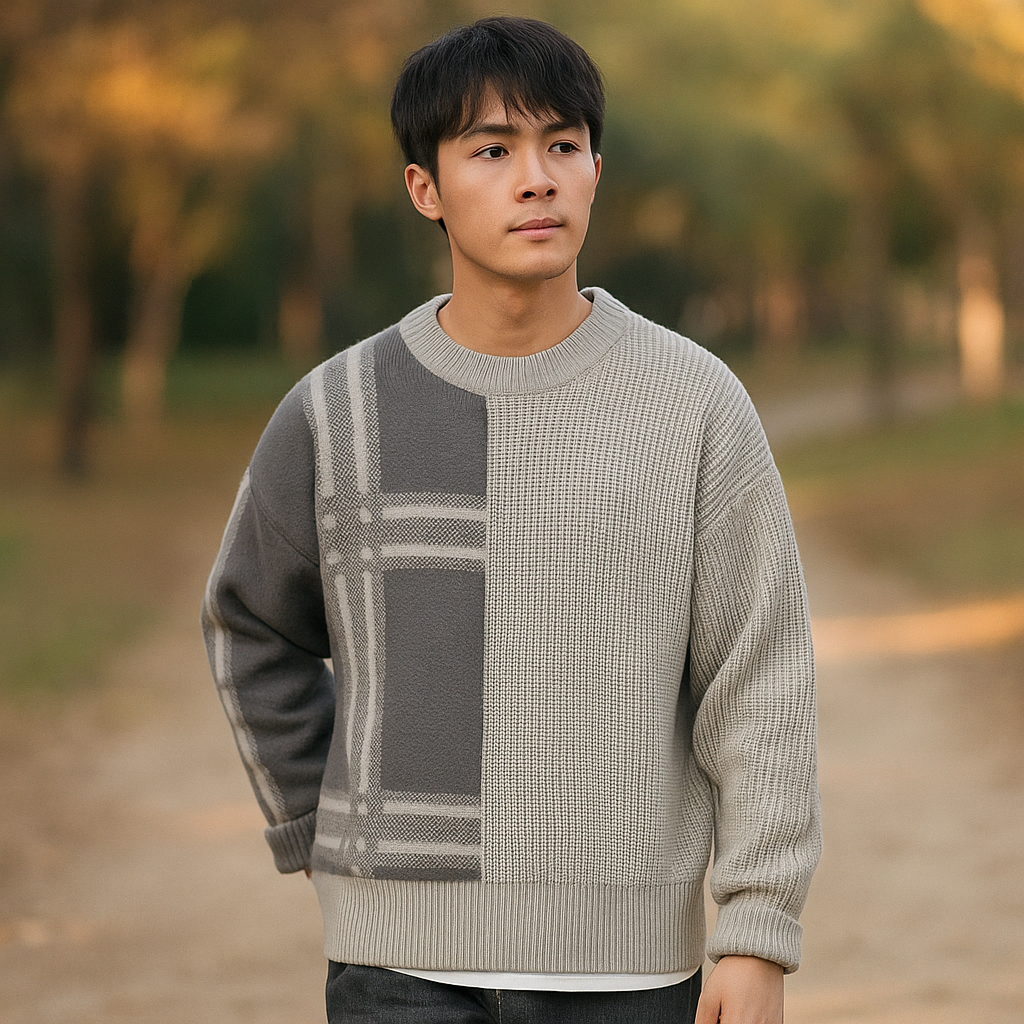 Pull Crew Neck pour Homme – Coupe Relaxée – Mélange de Laine – Patchwork en Côtes