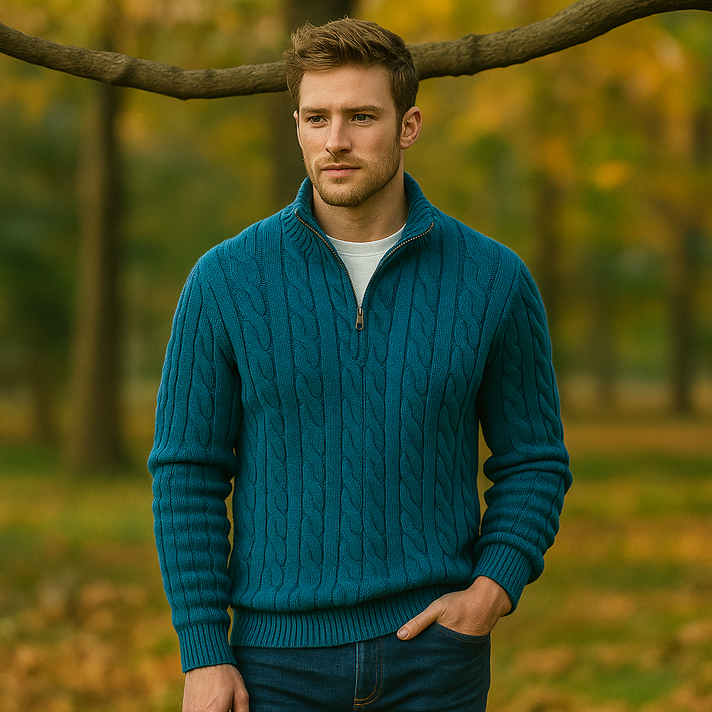Pull en Câble pour Homme - Zip Quart - Col et Manches Côtelés - Chaud & Élégant