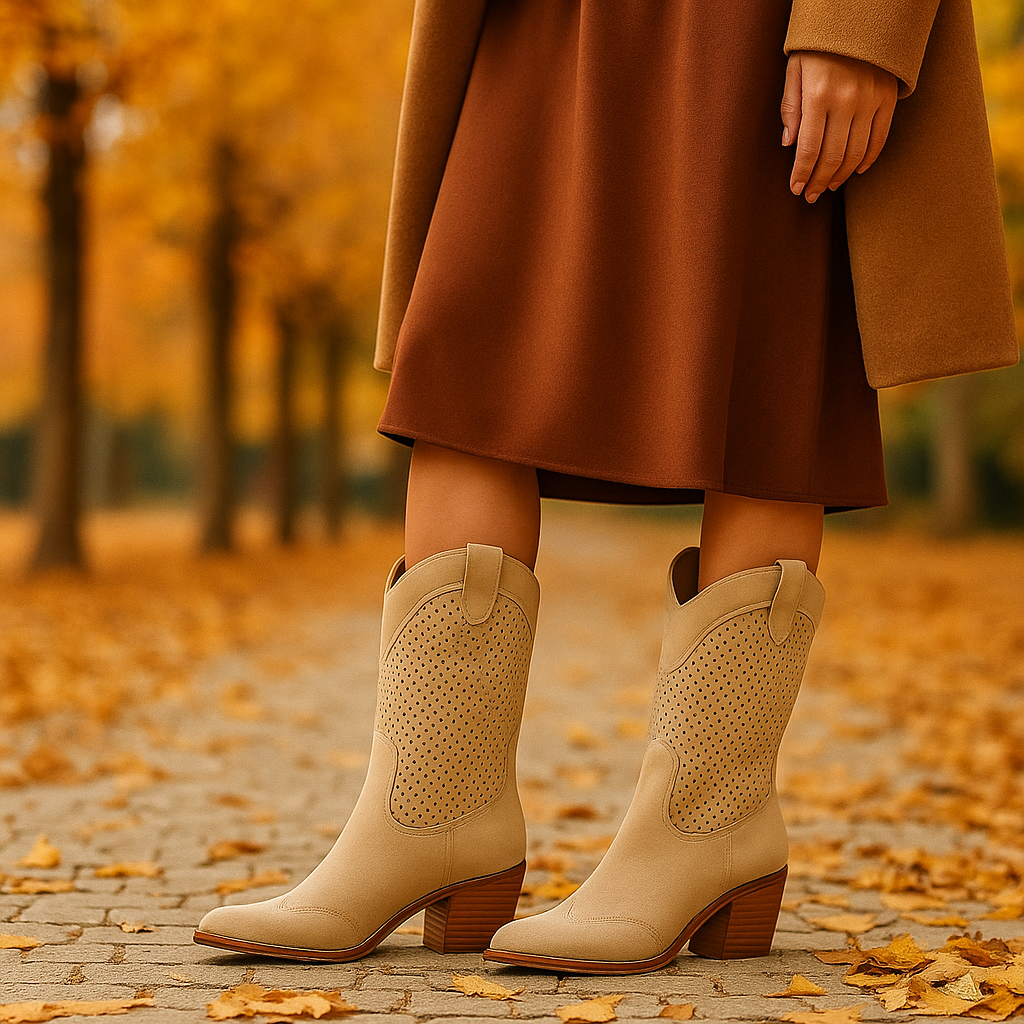 Bottes Cowboy Femme Perforées à Talon Moyen