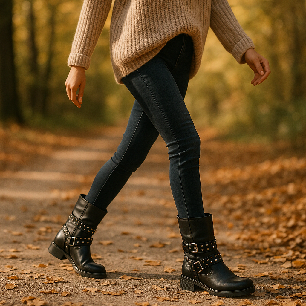 Bottes de Biker Femme à Clous et Sangles Ajustables