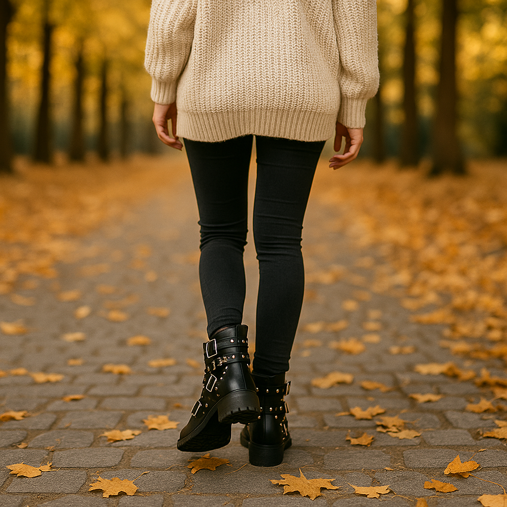 Bottes de Biker Femme à Clous et Sangles Ajustables