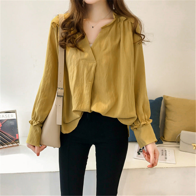 Blouse Volants - Décolleté V - Manches Longues-Chemisier-PARIS FEMME