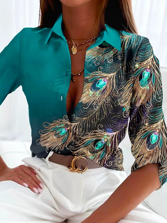Blouse Élégante Imprimé Plumes - Femme Chic-Chemisier-PARIS FEMME