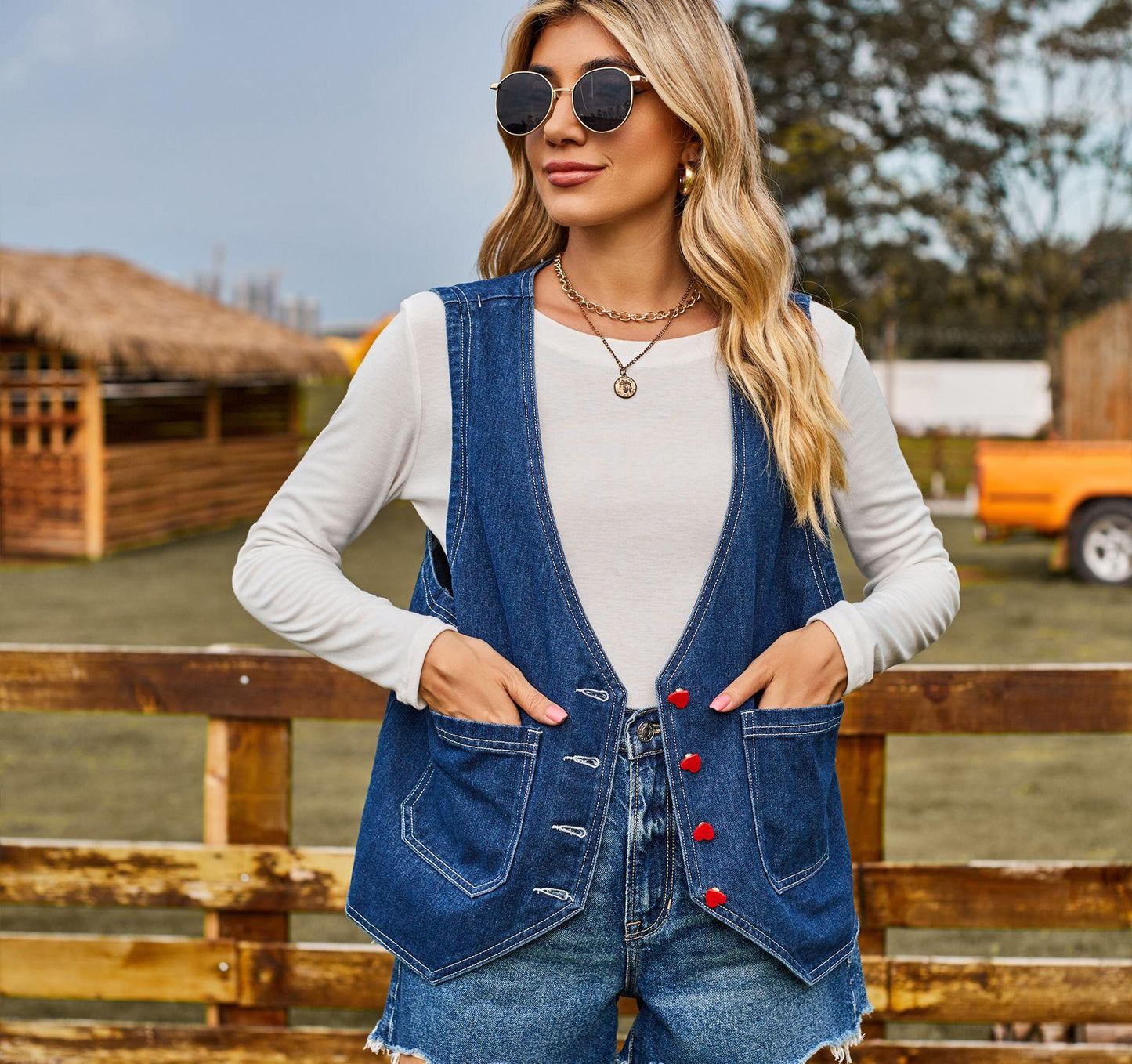 Gilet en denim décontracté pour femmes avec poches pratiques et détails de boutons contrastés Chic und Stil-Jeans Outfit-PARIS FEMME