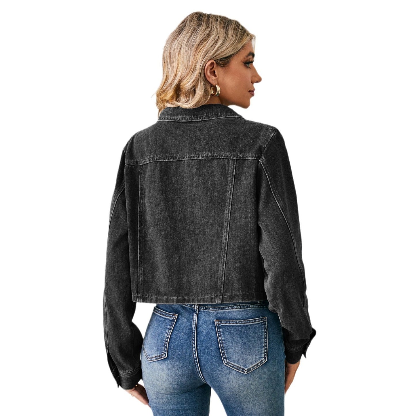Veste en jean cropped pour femmes avec col classique Chic und Stil-Jeans Outfit-PARIS FEMME