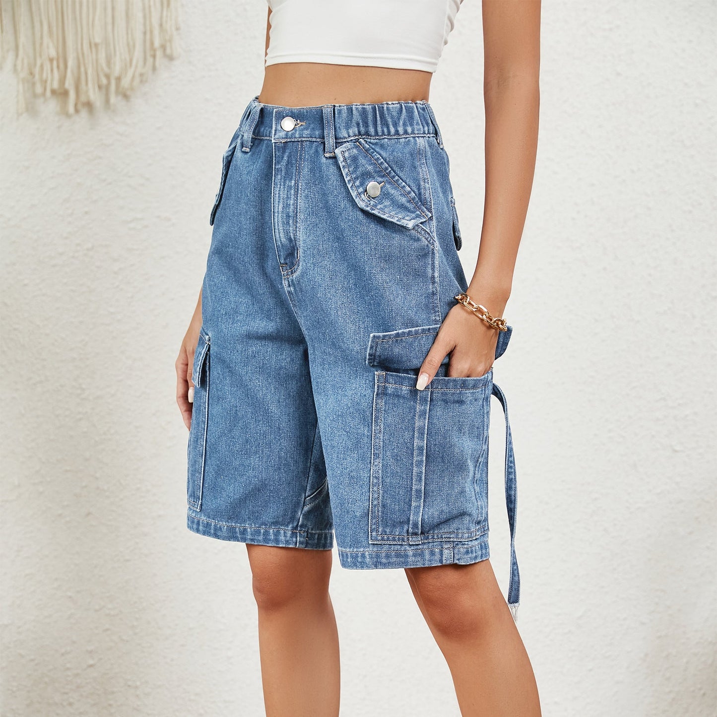 Shorts cargo pour femmes avec poches hautes et taille ajustable Chic et élégant-Short en jean-PARIS FEMME
