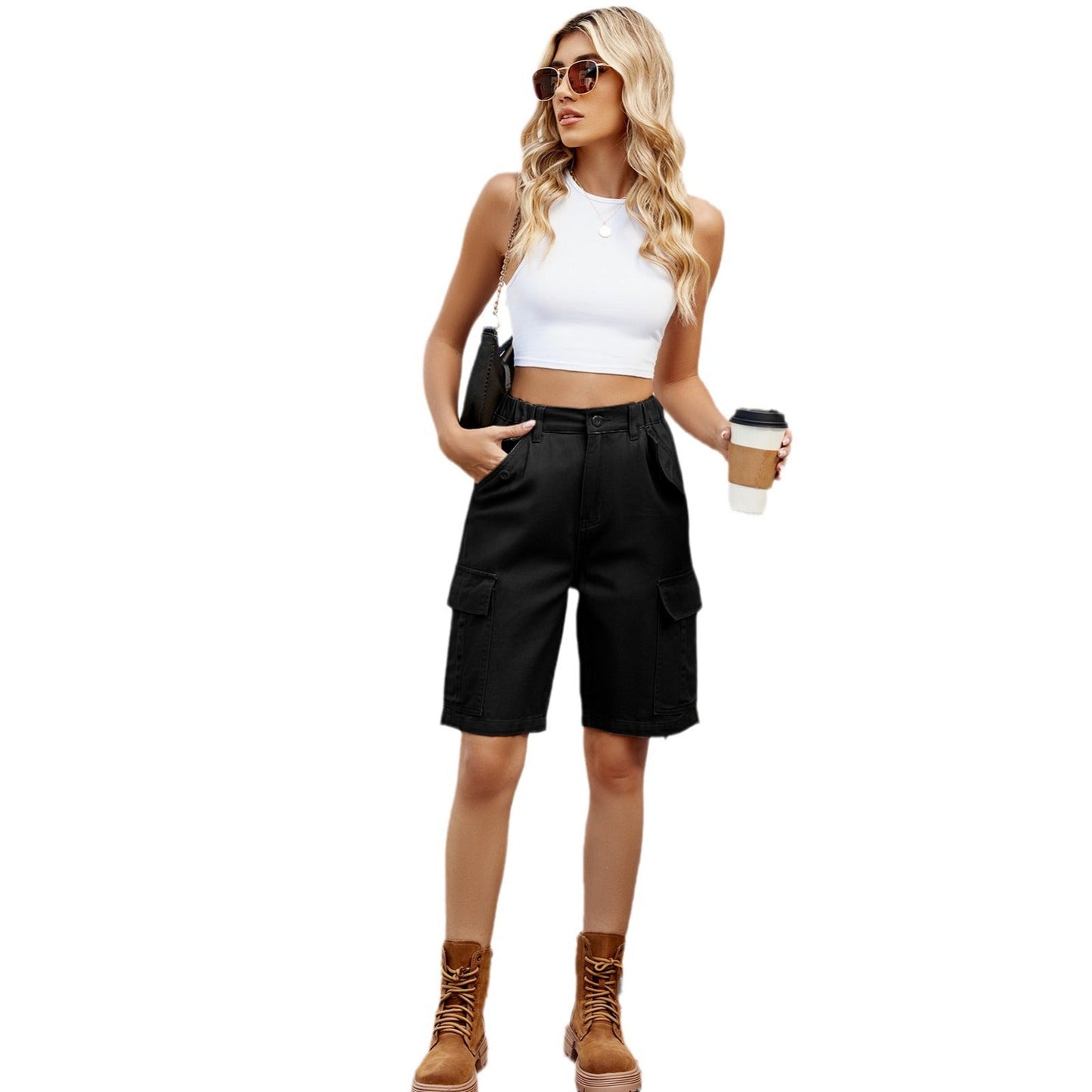 Shorts cargo femmes taille haute avec poches latérales pratiques Chic und Stil-Short en jean-PARIS FEMME