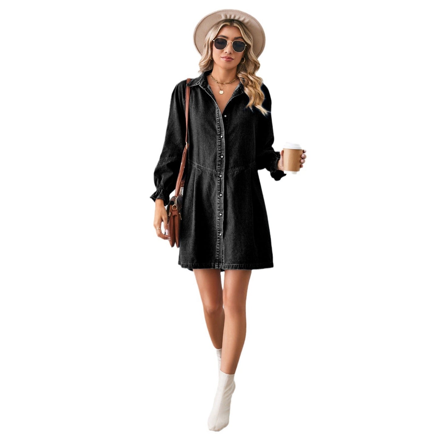 Robe chemise en denim pour femmes avec des manches volumineuses et une coupe ajustée Chic und Stil-Jeans Outfit-PARIS FEMME