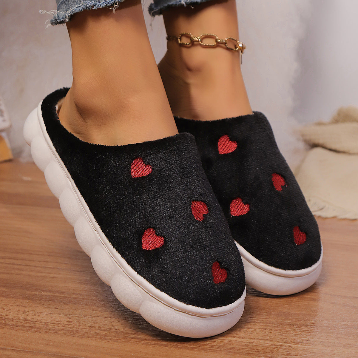 Chaussons femme laine polaire - imprimé cœur - confort-Chaussures-PARIS FEMME