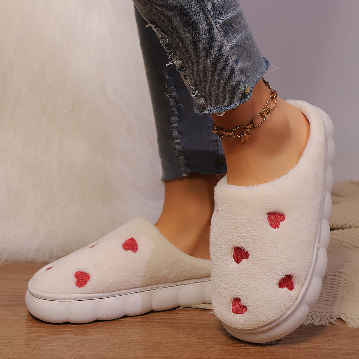 Chaussons femme laine polaire - imprimé cœur - confort-Chaussures-PARIS FEMME