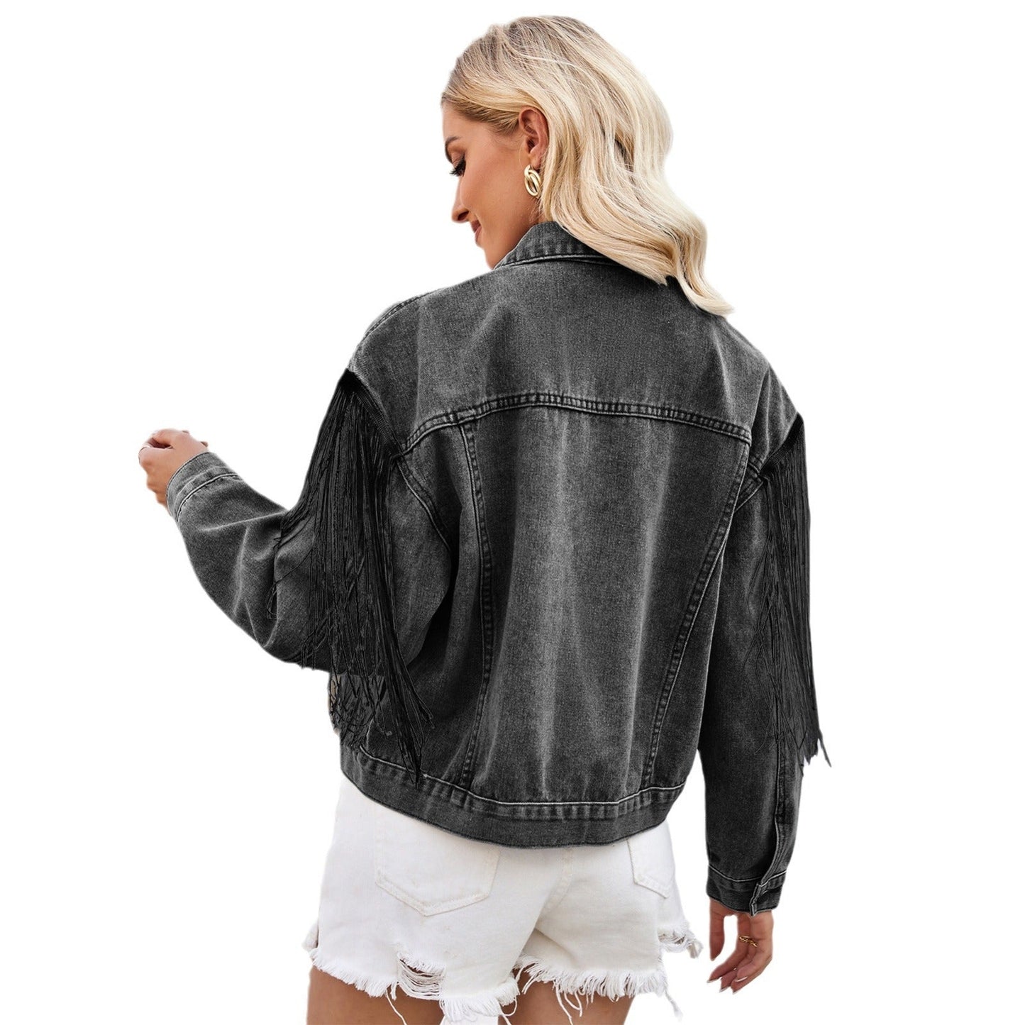 Veste en denim pour femme avec détail de design effiloché Chic und Stil-Jeans Outfit-PARIS FEMME