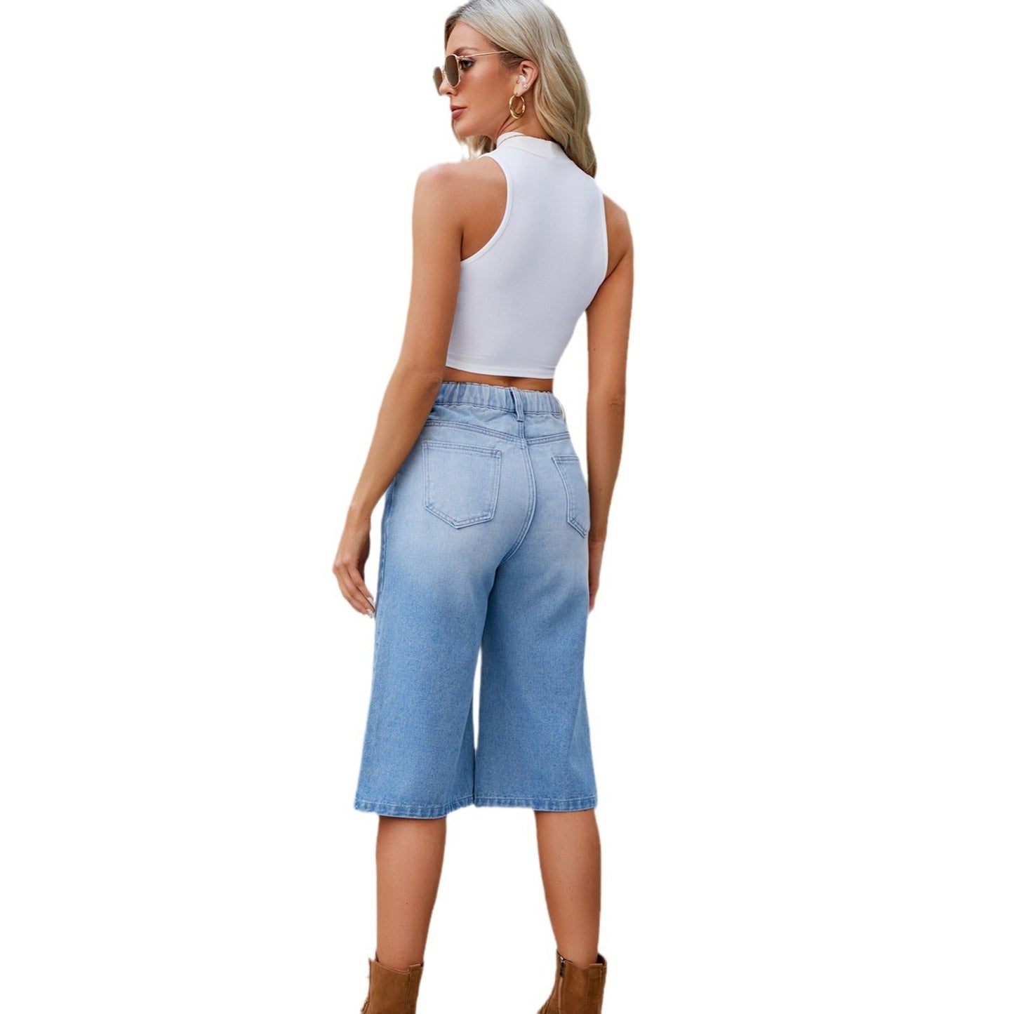 Pantalon culotte pour femmes au design moderne avec taille haute et jambe évasée Chic und Stil-Short en jean-PARIS FEMME