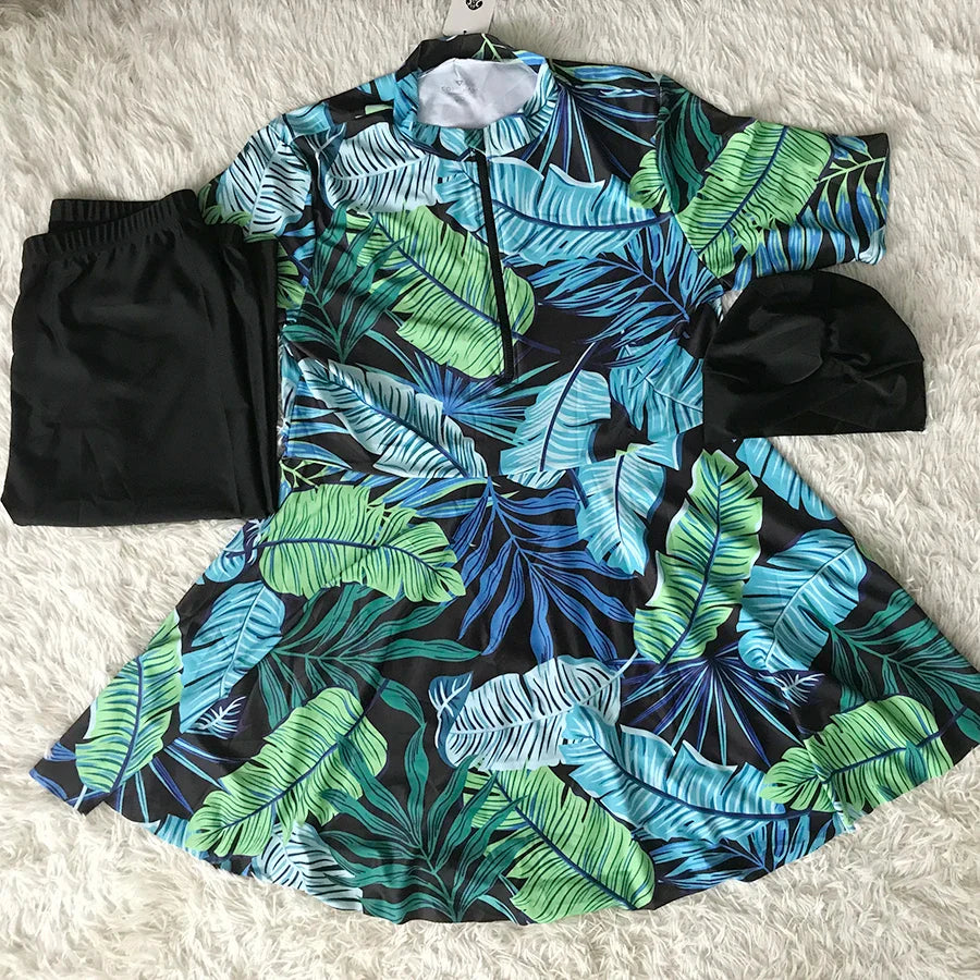 3 Pièces Floral Burkini - Modeste Vêtements de Bain-Burkini-PARIS FEMME