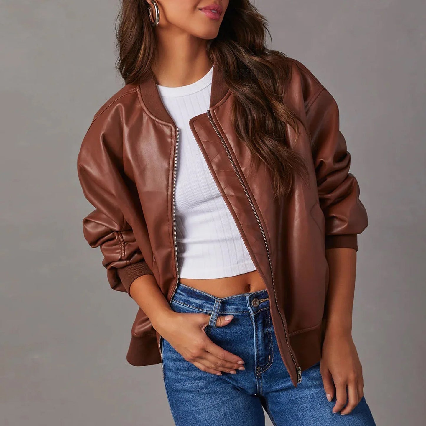 Veste en Cuir Oversize pour Femmes - Fermeture Éclair - Bords Côtelés - Longueur Hanche