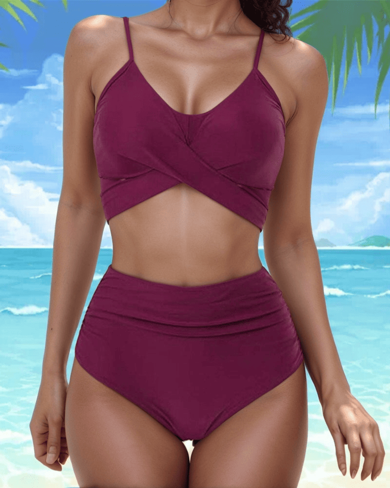 Ensemble de bikini taille haute uni-Costumes Estivaux pour Femmes-PARIS FEMME