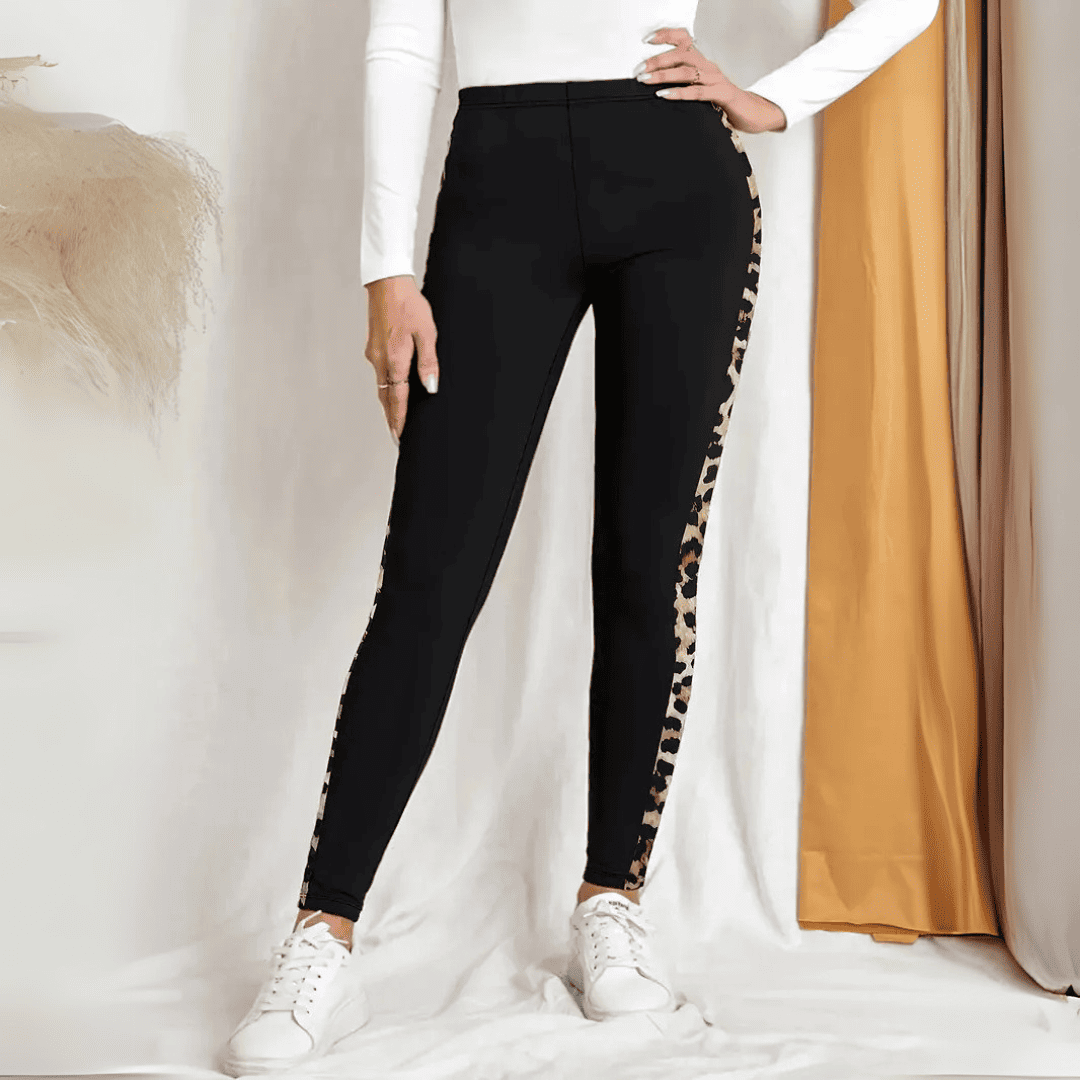 Aureline Boczny pasek w panterkę legginsy damskie-Leggings femme-PARIS FEMME
