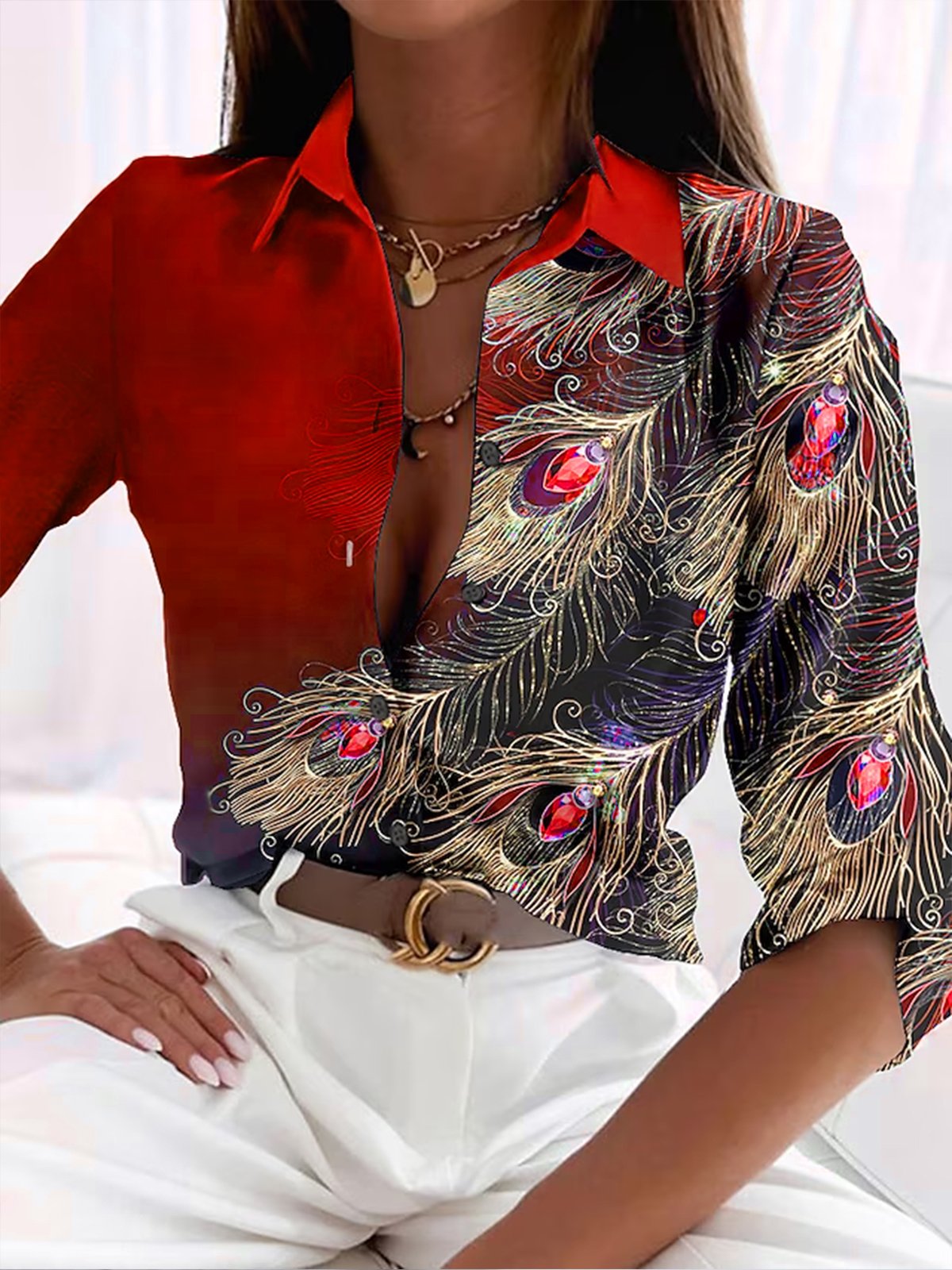 Blouse Élégante Imprimé Plumes - Femme Chic-Chemisier-PARIS FEMME