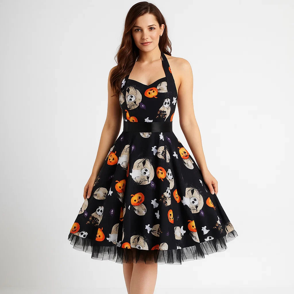 Midi-Kleid Halloween - Cartoon-Print - Einzigartiger Stil