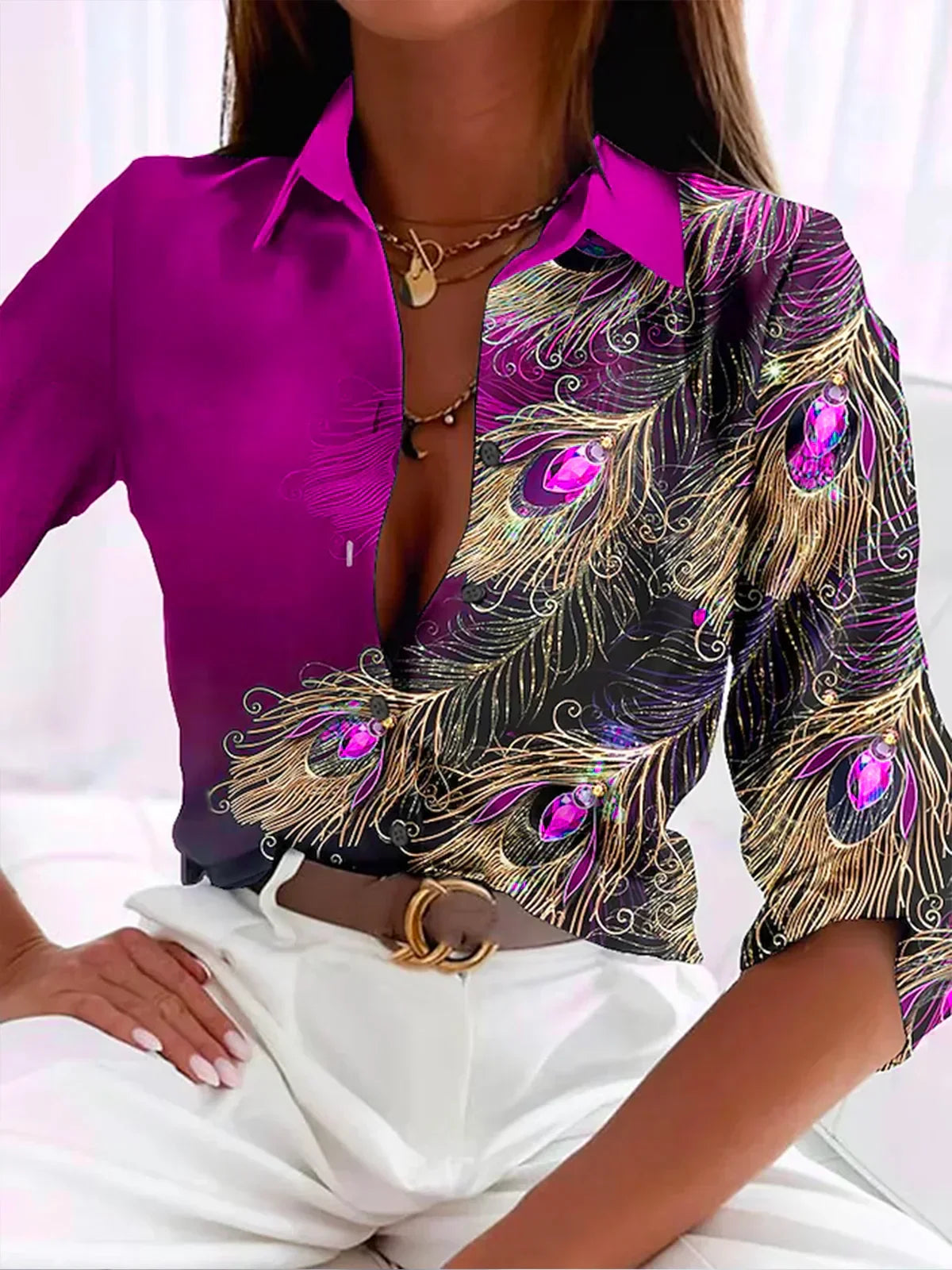 Blouse Élégante Imprimé Plumes - Femme Chic-Chemisier-PARIS FEMME