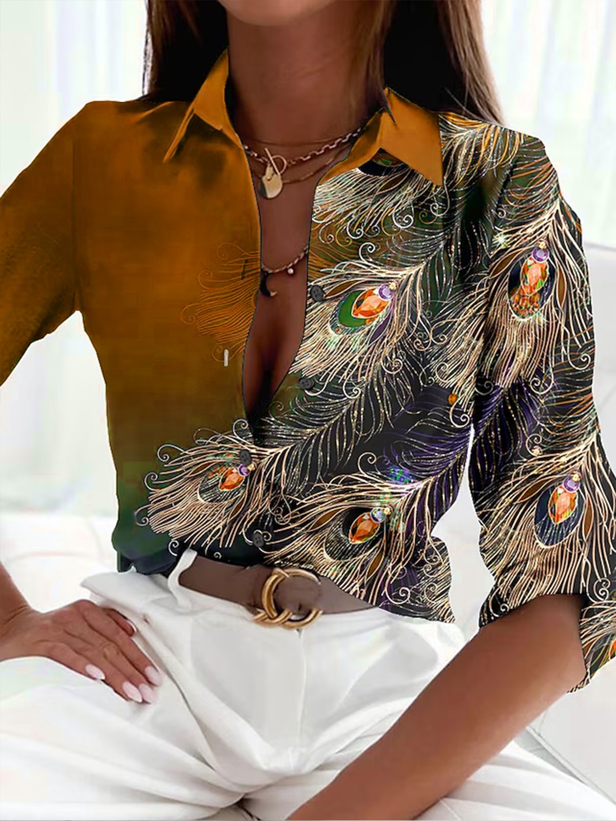 Blouse Élégante Imprimé Plumes - Femme Chic-Chemisier-PARIS FEMME