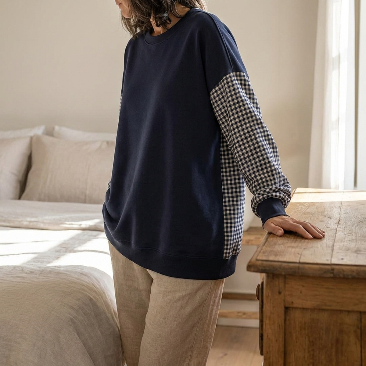 Mira | Femme Haut Col Rond Patchwork Carreaux Loose