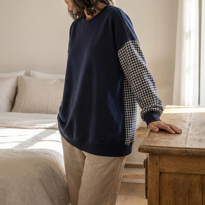 Mira | Femme Haut Col Rond Patchwork Carreaux Loose