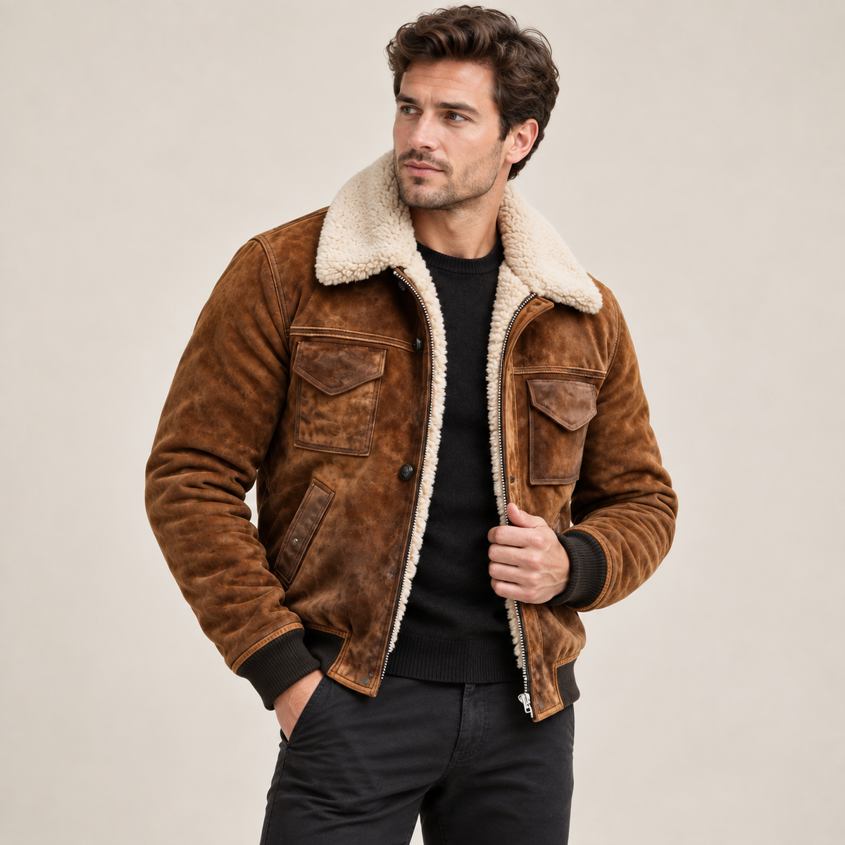 Veste bomber homme doublure sherpa col fourrure zippée, couleur marron