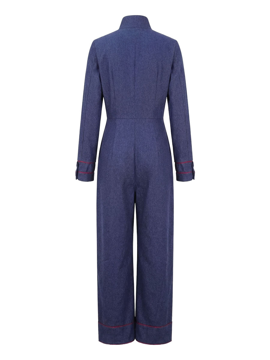 Combinaison en denim | Jambes larges, manches longues, col montant