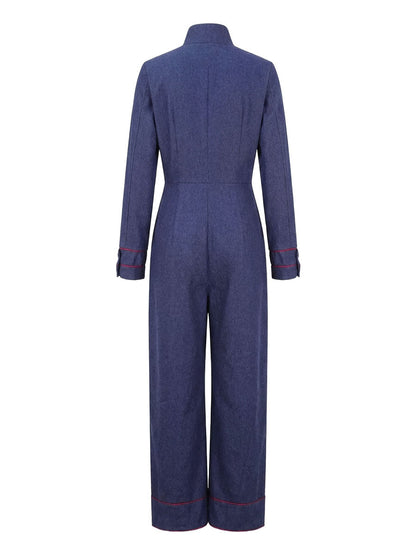 Combinaison en denim | Jambes larges, manches longues, col montant