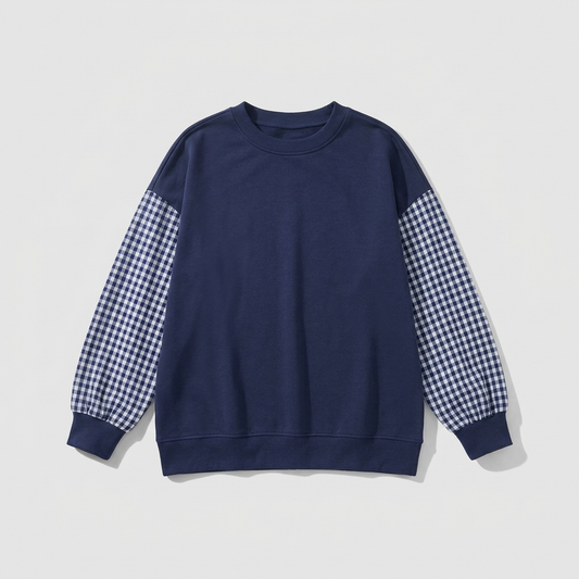 Mira | Femme Haut Col Rond Patchwork Carreaux Loose