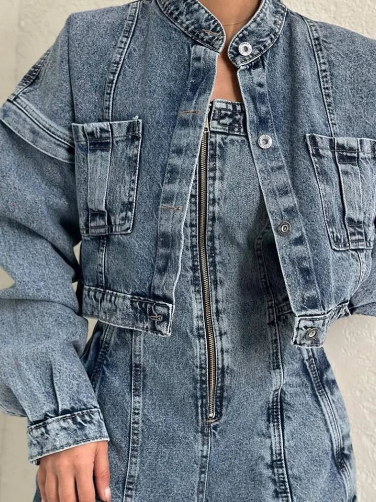Combinaison en denim | Ensemble avec veste assortie, fermeture éclair