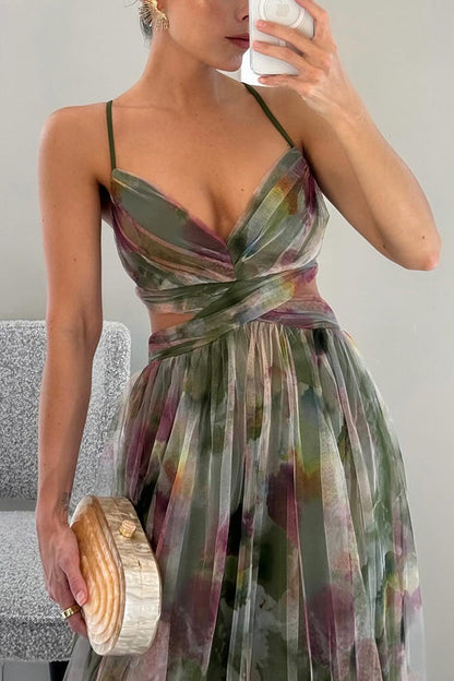 Robe de soirée maxi motif floral dos nu cintrée – Flora