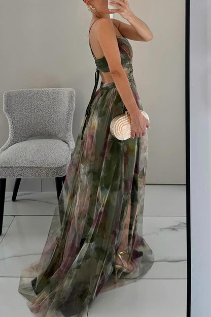 Robe de soirée maxi motif floral dos nu cintrée – Flora