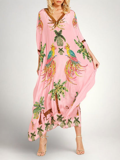 Robe femme imprimé palmiers épaules tombantes coupe ample